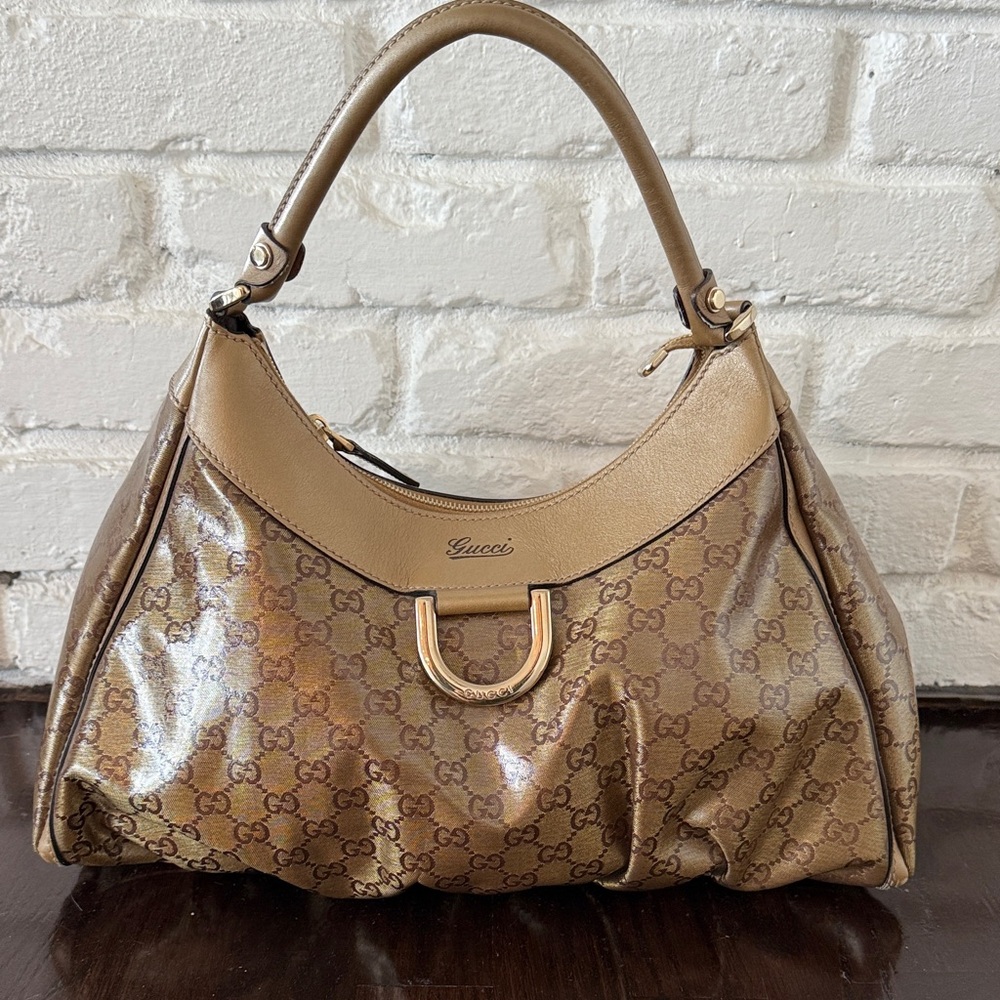 Gucci Gold Coated Canvas Leather GG Monogram Shoulder Bag D Ring EUC